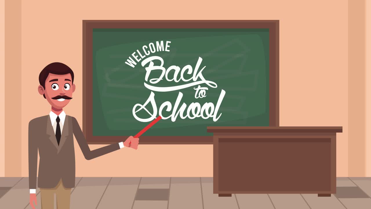 animazione di ritorno a scuola con l'insegnante maschio in classe