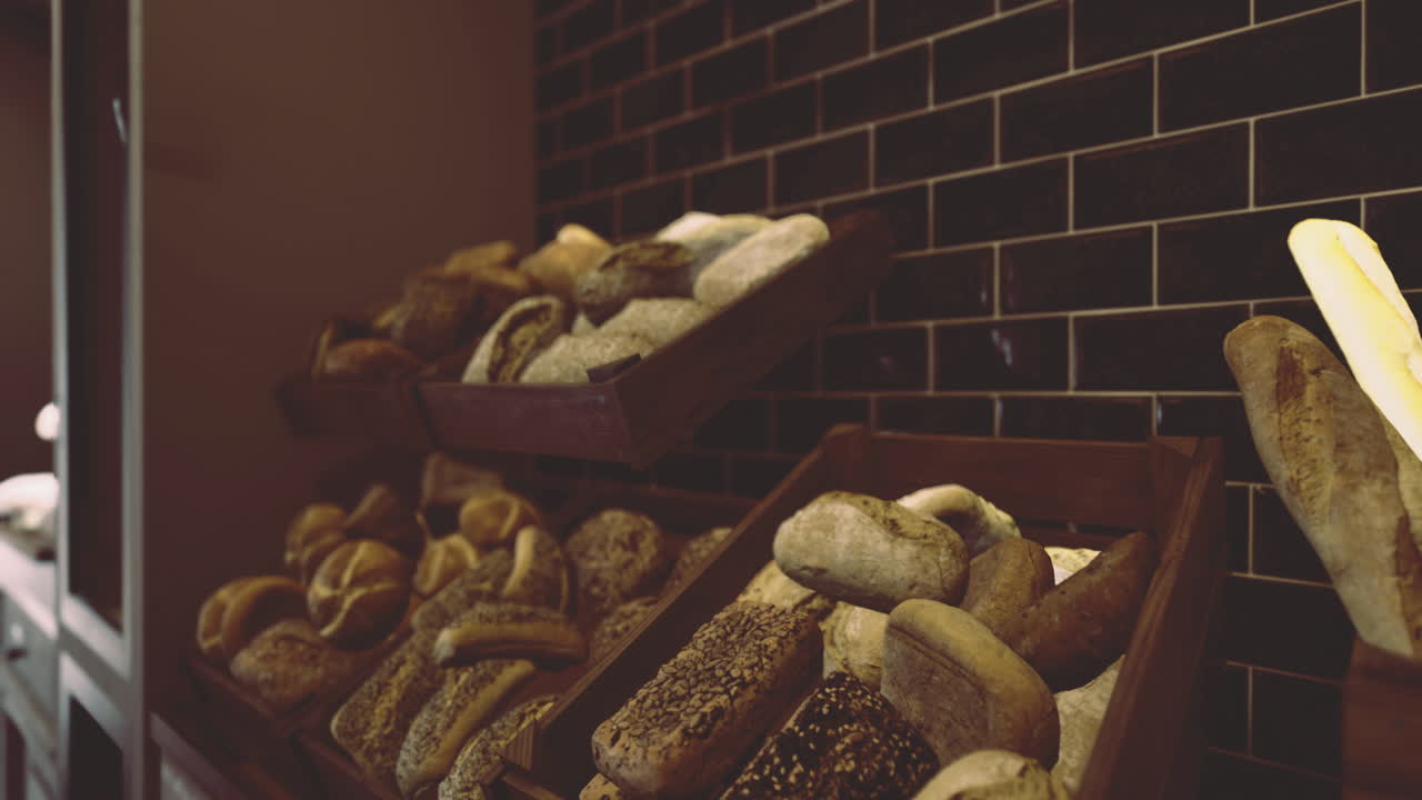 Freshly baked artisan bread displays in a contemporary bakery setting