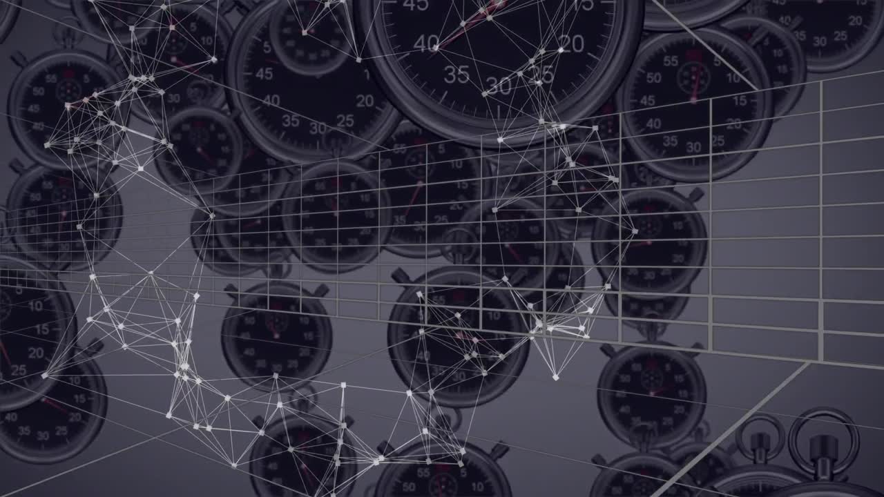 Animation of network of connections over timers on white background