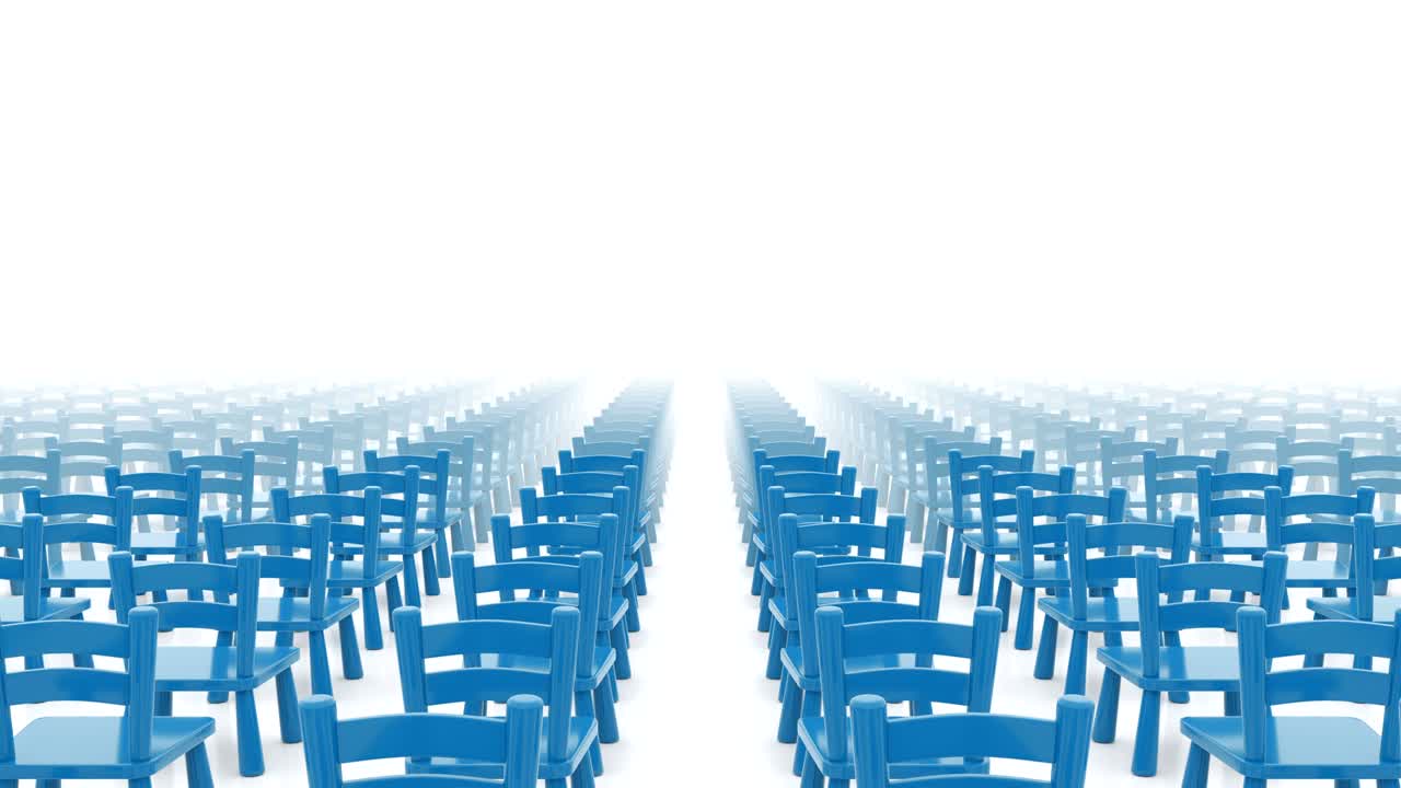 끝없는 줄의 파란 의자.