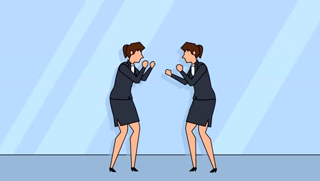 gente de negocios de dibujos animados plana personajes femeninos pelea de boxeo enfrentamiento rivalidad concepto de animación