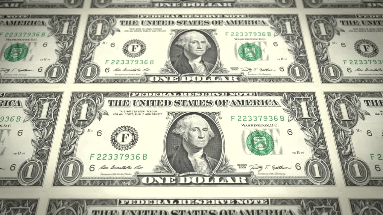 1달러 지폐가 스크린을 통과하고, 현금, 루프