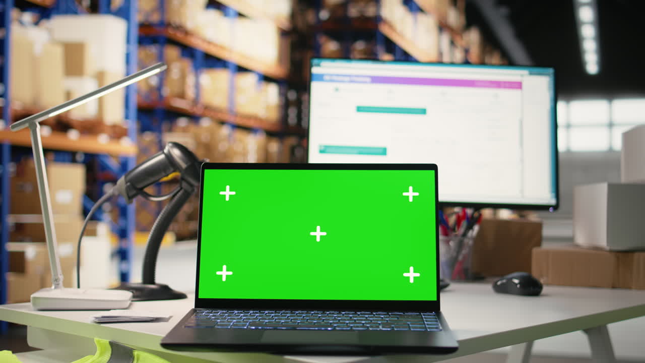 Empty warehouse depot running green screen on computer display