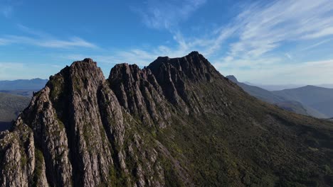 cradle mountain peak in central highlands region of tasmania, australia. aerial drone approaching
