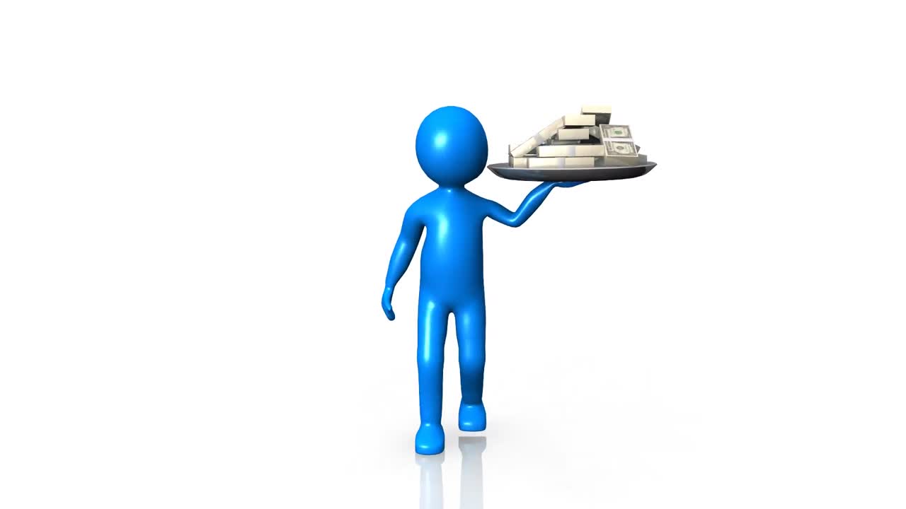 3d 남자가 달러를 가진 트레이를 들고 있습니다.