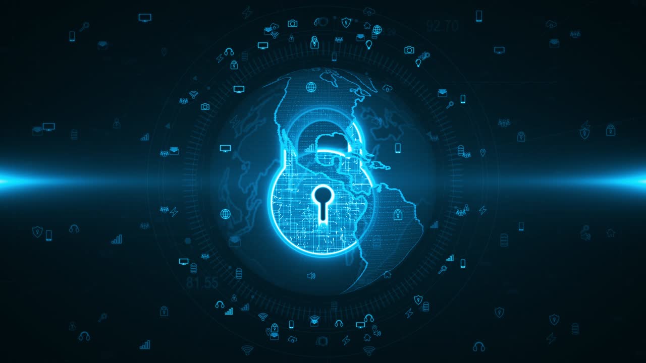 Motion graphic of Blue security key and earth sphere with icon technology futuristic elements abstract background