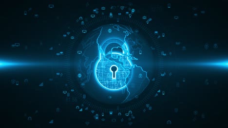 gráfico de movimiento de la llave de seguridad azul y la esfera de la tierra con tecnología de iconos elementos futuristas fondo abstracto
