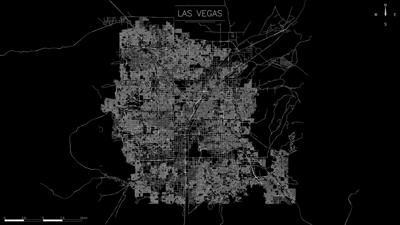 abstract map of Las Vegas illuminates the intricate urban grid, perpetual digital connectivity and urban flow