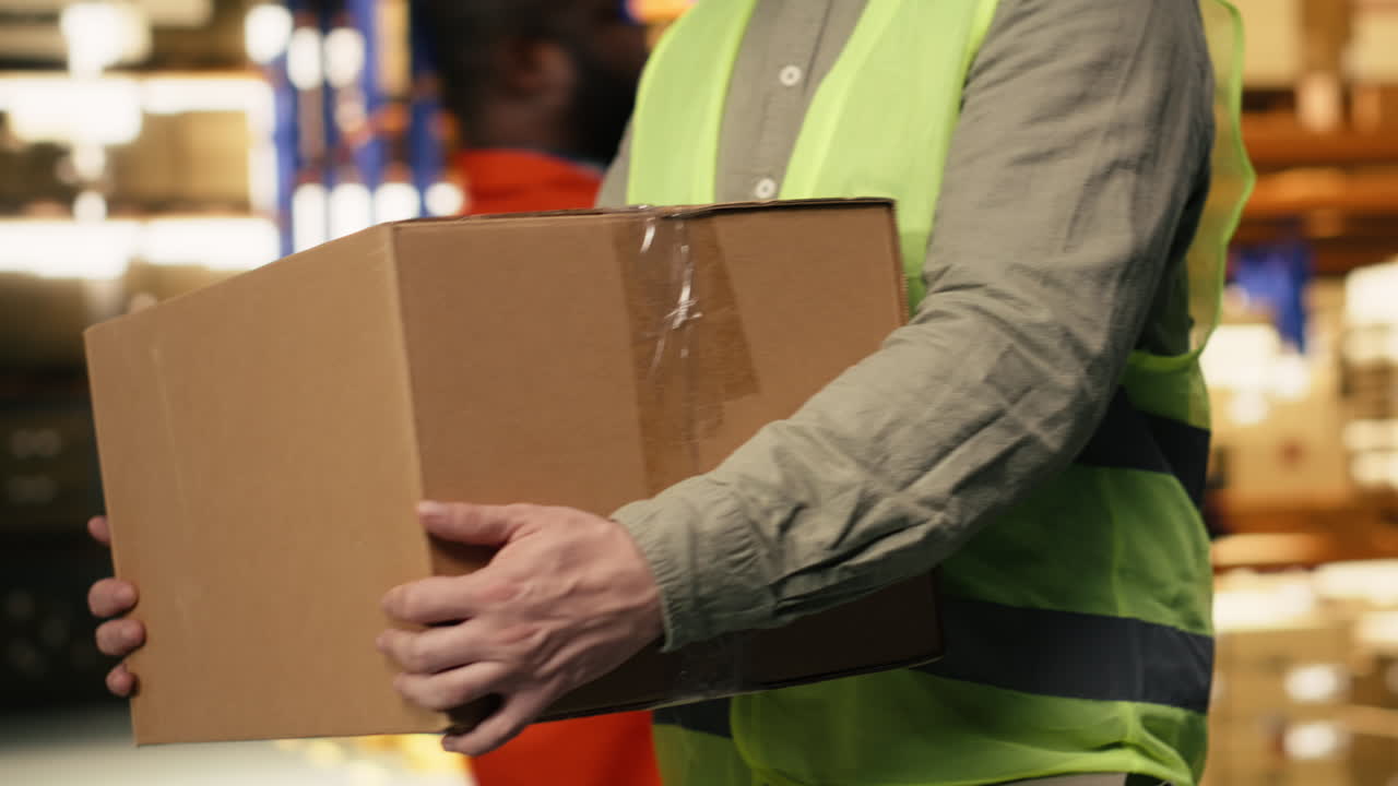 Carrying storage boxes, fulfillment center worker, securing cargo for dispatch