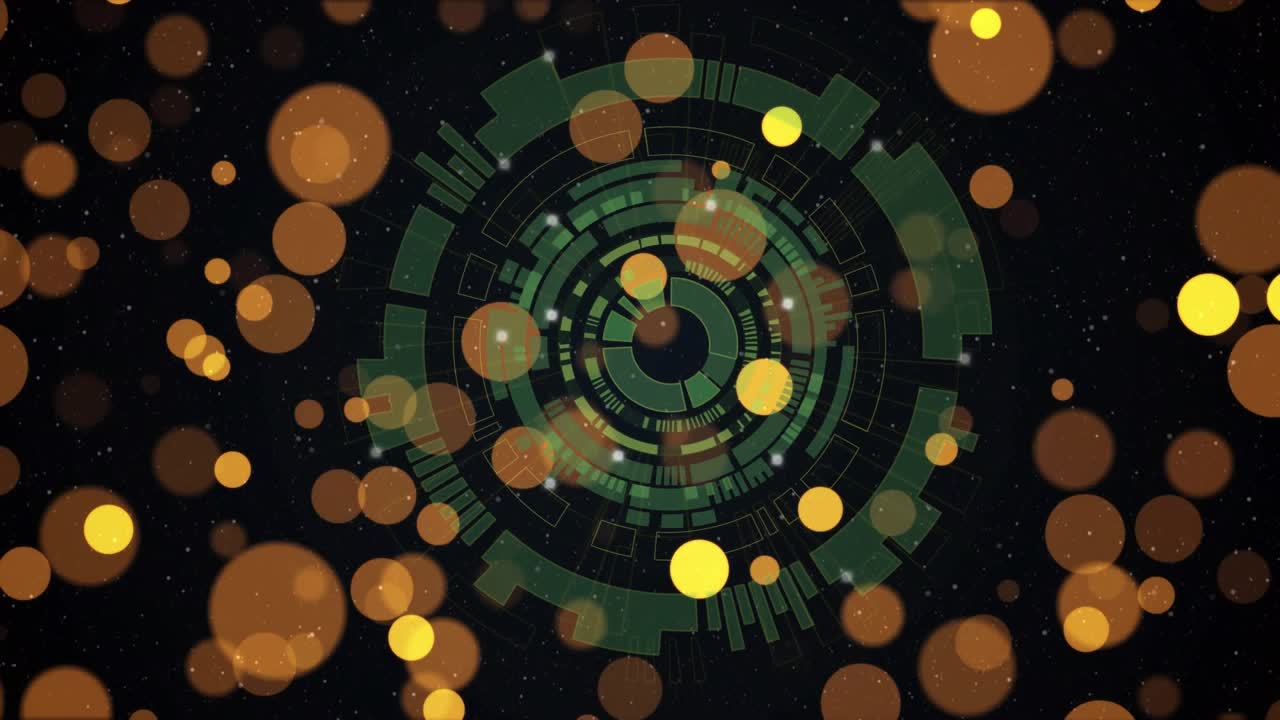 Green concentric HUD on pulse, rotating and forming tunnel while bokeh drifting, creating depth