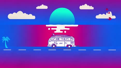 animation of sun over water, palm trees, bus and clouds on blue background