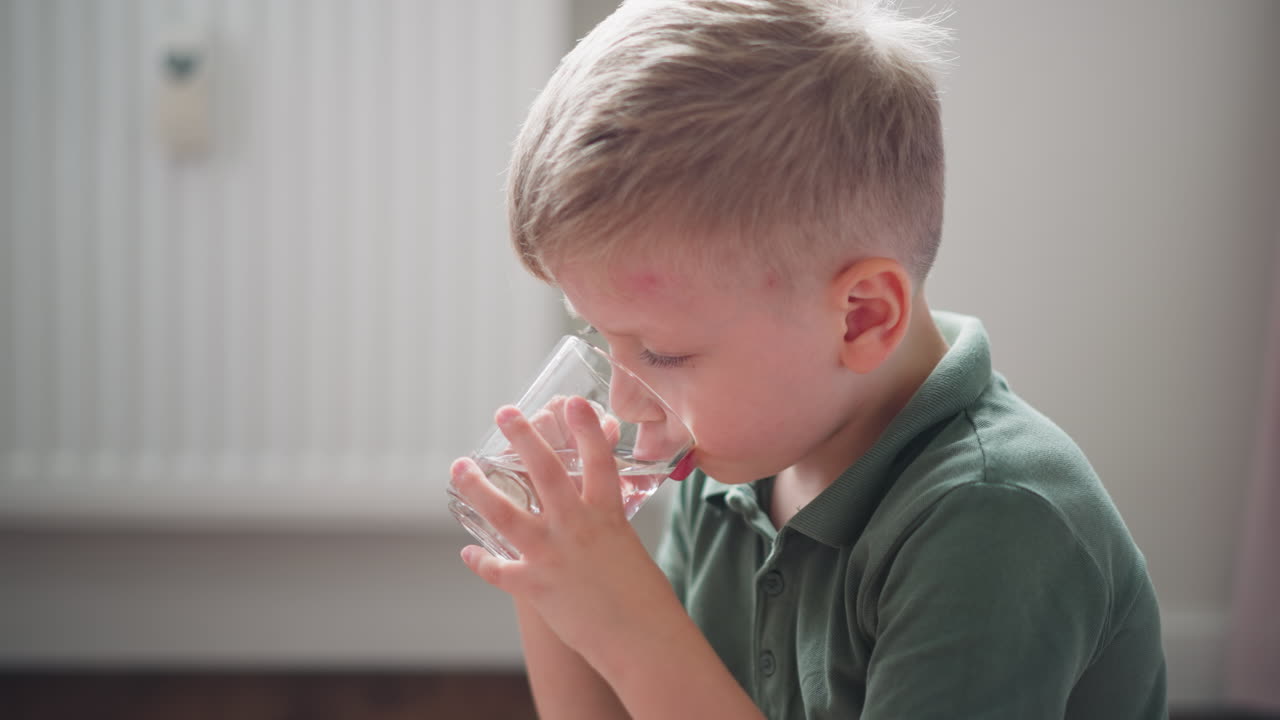 Side view of young boy in green shirt drinking water from transparent glass indoors, showing calm and refreshing moment with natural lighting and subtle background