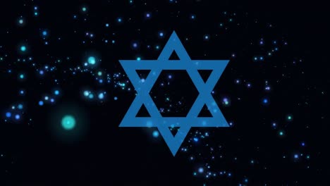 animation of blue star of david with glowing lights at rosh hashanah on black background