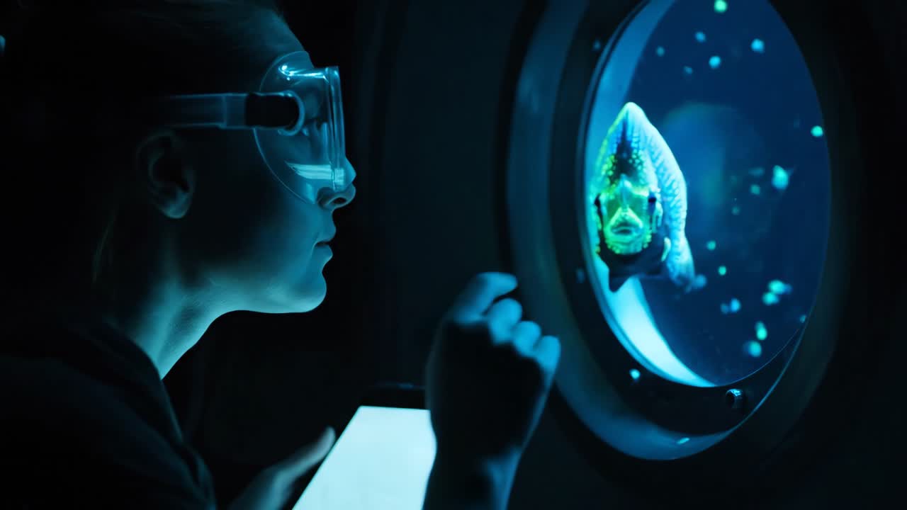 Woman Observing Fish in a Futuristic Aquarium
