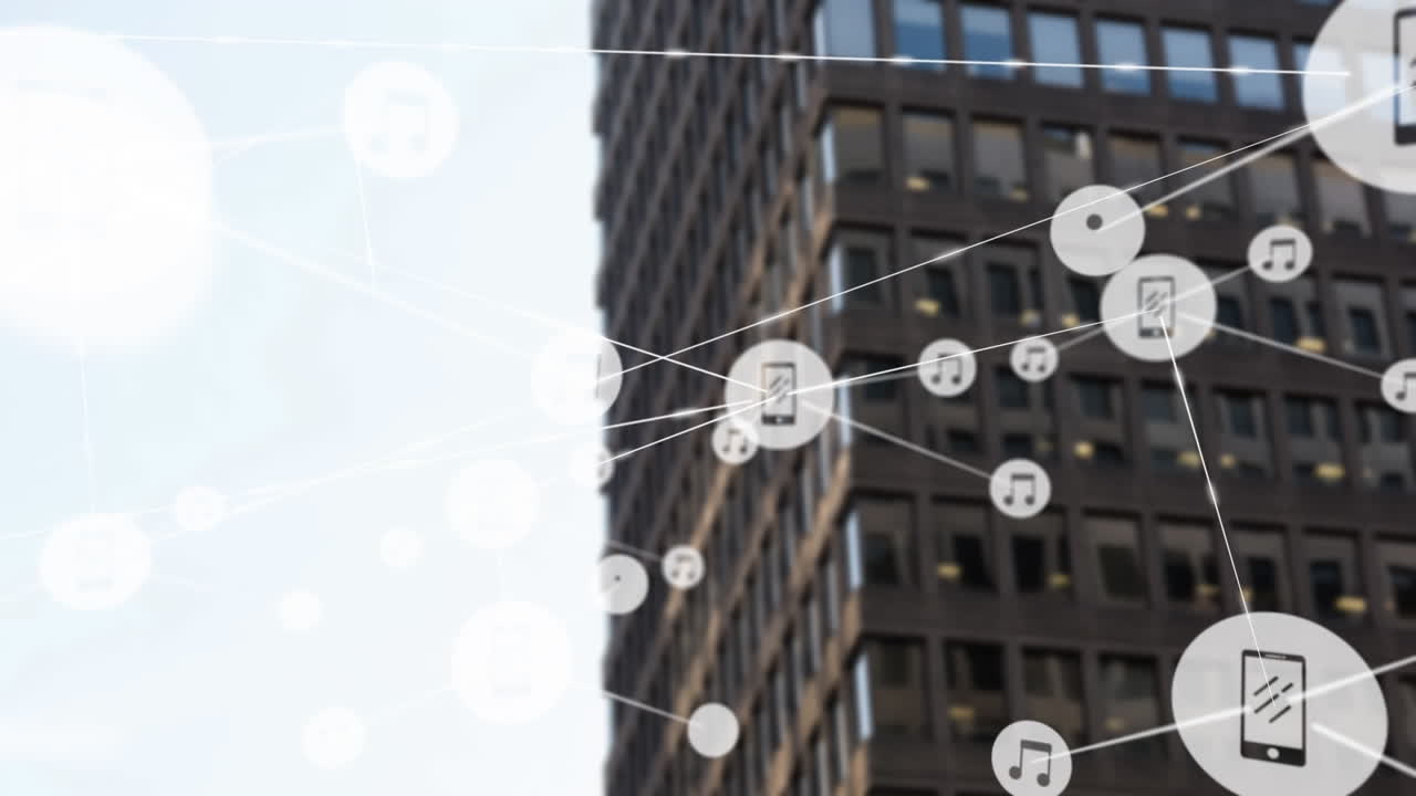 Animação de rede de ícones digitais sobre edifícios altos contra o céu azul