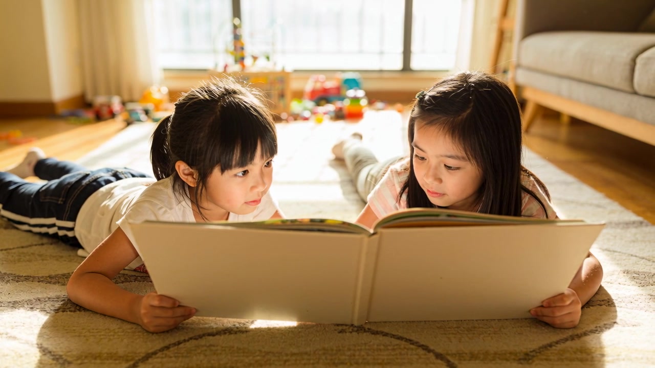 自宅で、トラックパンツを履いた2人の少女が柄物のラグの上に横たわり、大きな本を開いて物語を共有している。