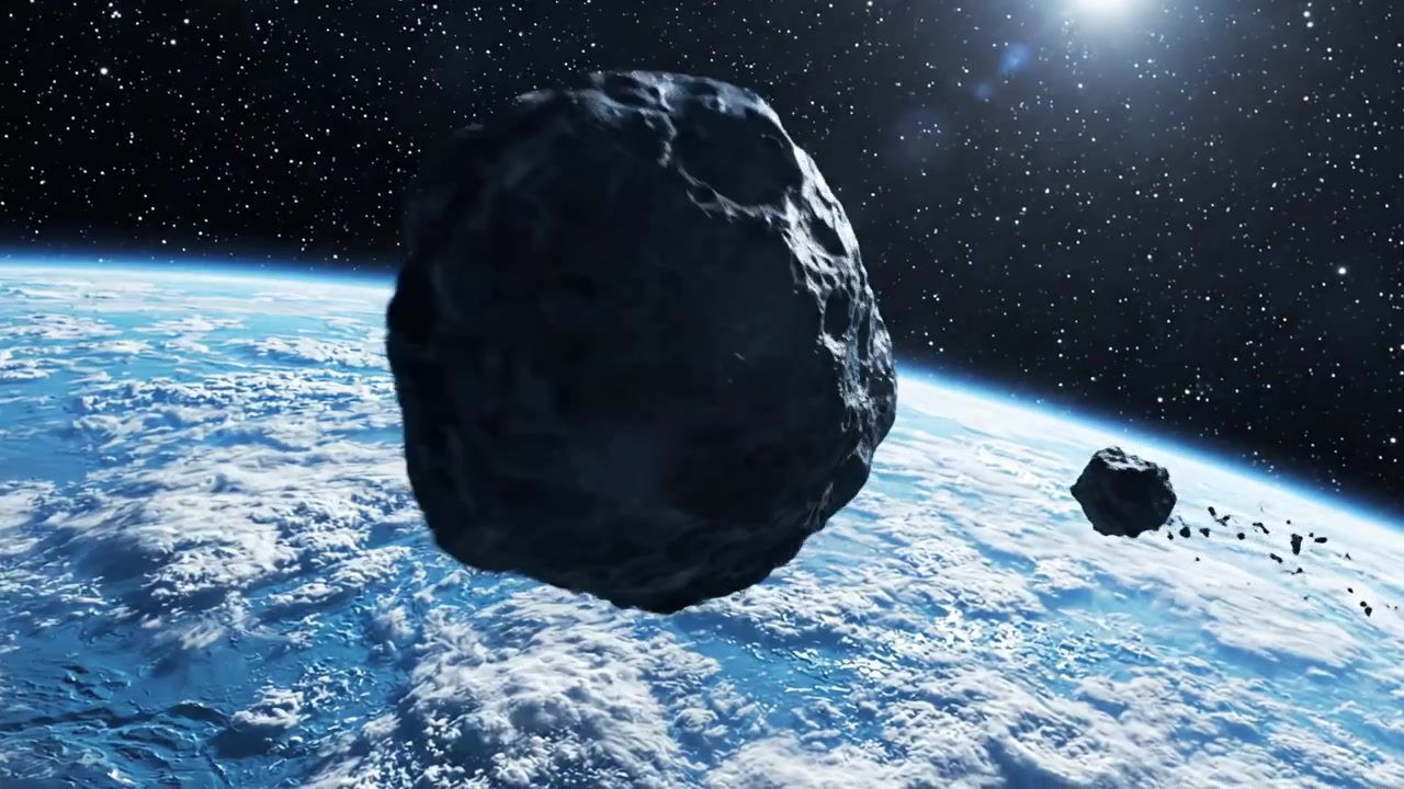 Una vista mozzafiato di asteroidi che passano nello spazio sopra la Terra, catturando le meraviglie inesplorate dell'universo in un paesaggio celeste mozzafiato.