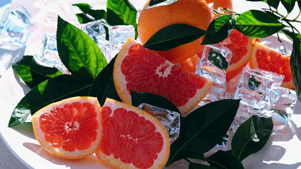 Fresh grapefruit slices and ice cubes are arranged on a white plate, creating a refreshing and vibrant scene with green leaves enhancing the composition