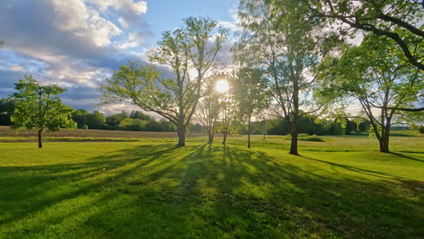 POV-shot-while-walking-through-green-grasslands-with-sunlight-shining-through-trees-during-morning-time