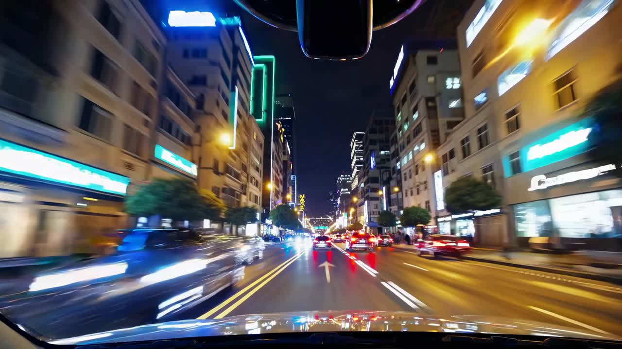 Dynamic night cityscape video from a car's perspective, showcasing blurred motion and vibrant lights