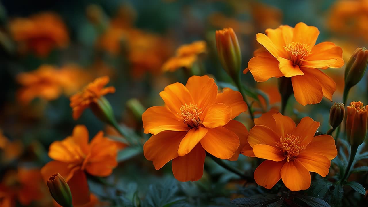 Una vivace esposizione di fiori di calendula arancioni in piena fioritura, che mostra i loro colori sorprendenti e gli intricati dettagli dei petali su uno sfondo leggermente sfocato.