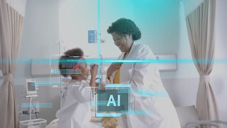 AI analysis animation over doctor and child patient in hospital room