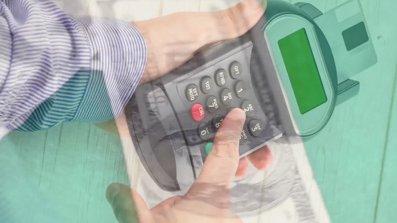 animación de billetes en dólares estadounidenses a través de un terminal de pago