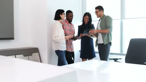 business colleagues using glass digital tablet in conference room 4k