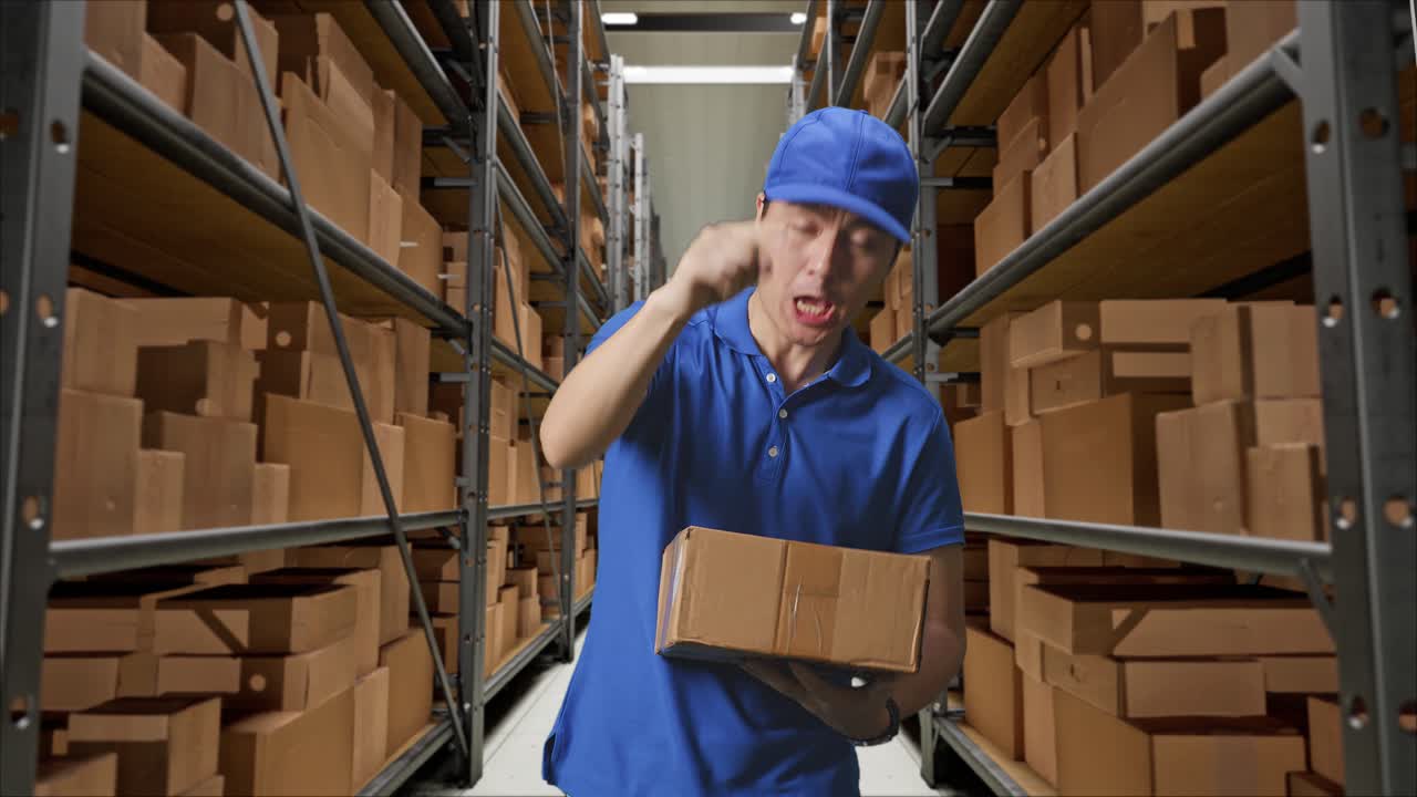 mensajero masculino asiático insatisfecho en uniforme azul gritando a la cámara mientras entrega una caja en el almacén