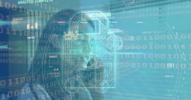 Animation of security padlock icon and data processing over caucasian woman talking on smartphone