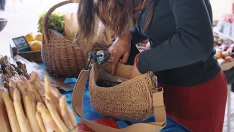 Searching Inside Woven Bag at Veggie Stall, Practical gesture, spring produce, woven texture