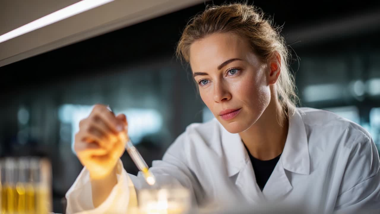 Focused Female Scientist Conducting Chemical Experiments in a Modern Laboratory, Using Precision Techniques to Analyze and Manipulate Liquid Samples for Research and Development Purposes