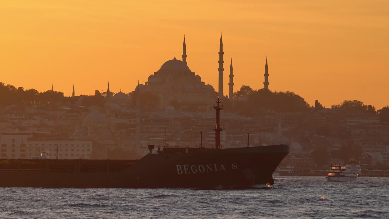 Sunset Silhouette of Istanbul with Cargo Ship