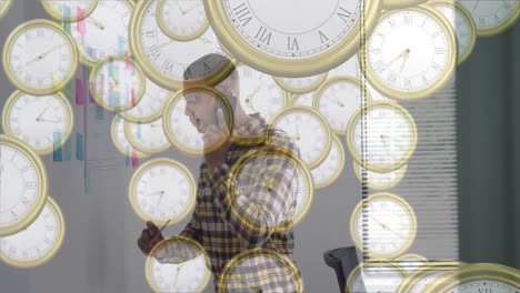 talking on phone in office with clocks animation in background