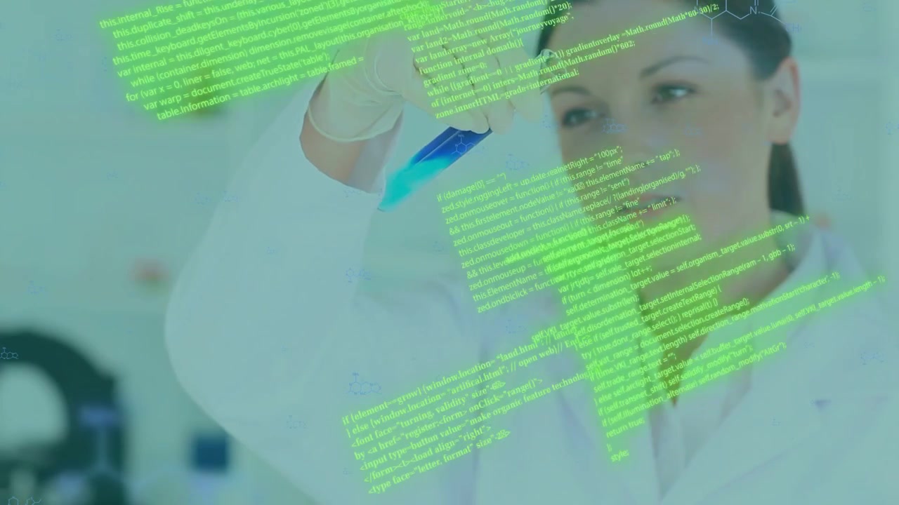 Researcher raising test tube, checking blue-cyan gradient while neon overlays appearing around tube