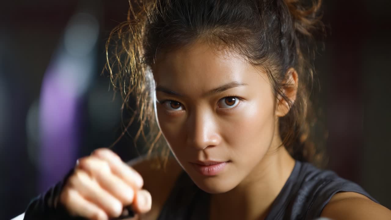Focused and Determined Female Fighter Ready for Action in Intense Training Environment Emphasizing Strength, Skill, and Unwavering Commitment to Martial Arts