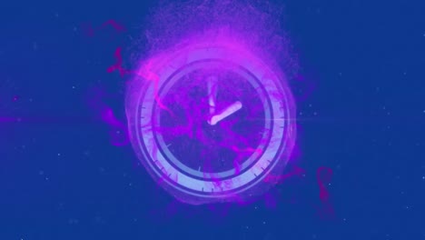 Animation-of-particles-around-digital-clock-over-dots-against-blue-background