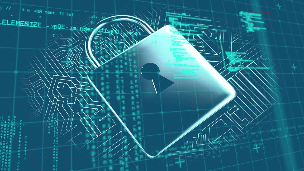 Animation of data processing and padlock on blue background