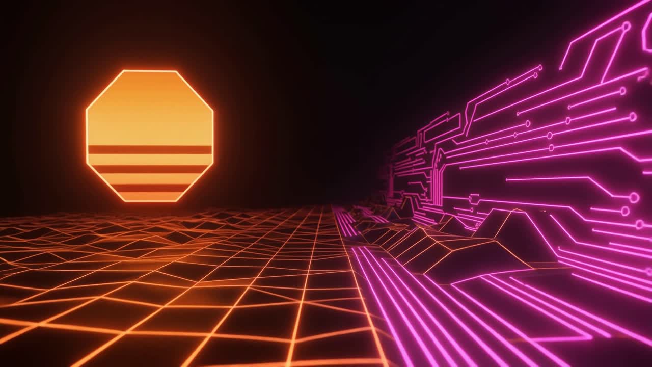 Paesaggio Digitale Retro Synthwave Astratto con Griglia Luminosa