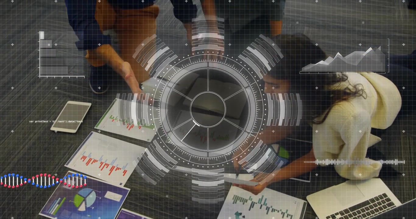 Professionals collaborating on business data analysis, pointing charts with tablet HUD overlay