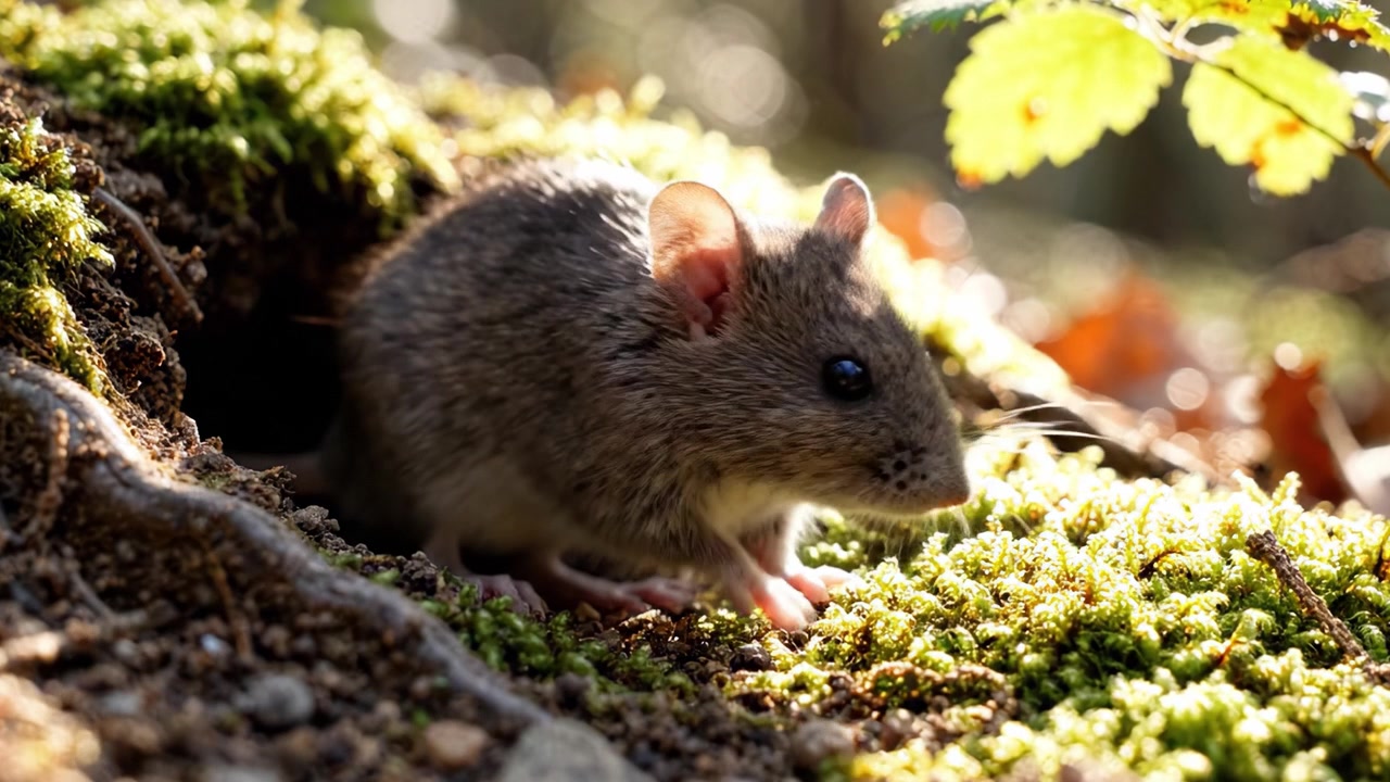 Un topolino esplora il lussureggiante paesaggio verde e muschioso che circonda la sua tana in un ambiente forestale illuminato dal sole, catturando la bellezza e le complessità della fauna selvatica.