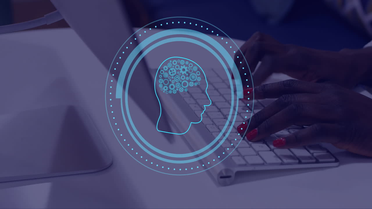 Animation of ai brain over african american woman typing on computer