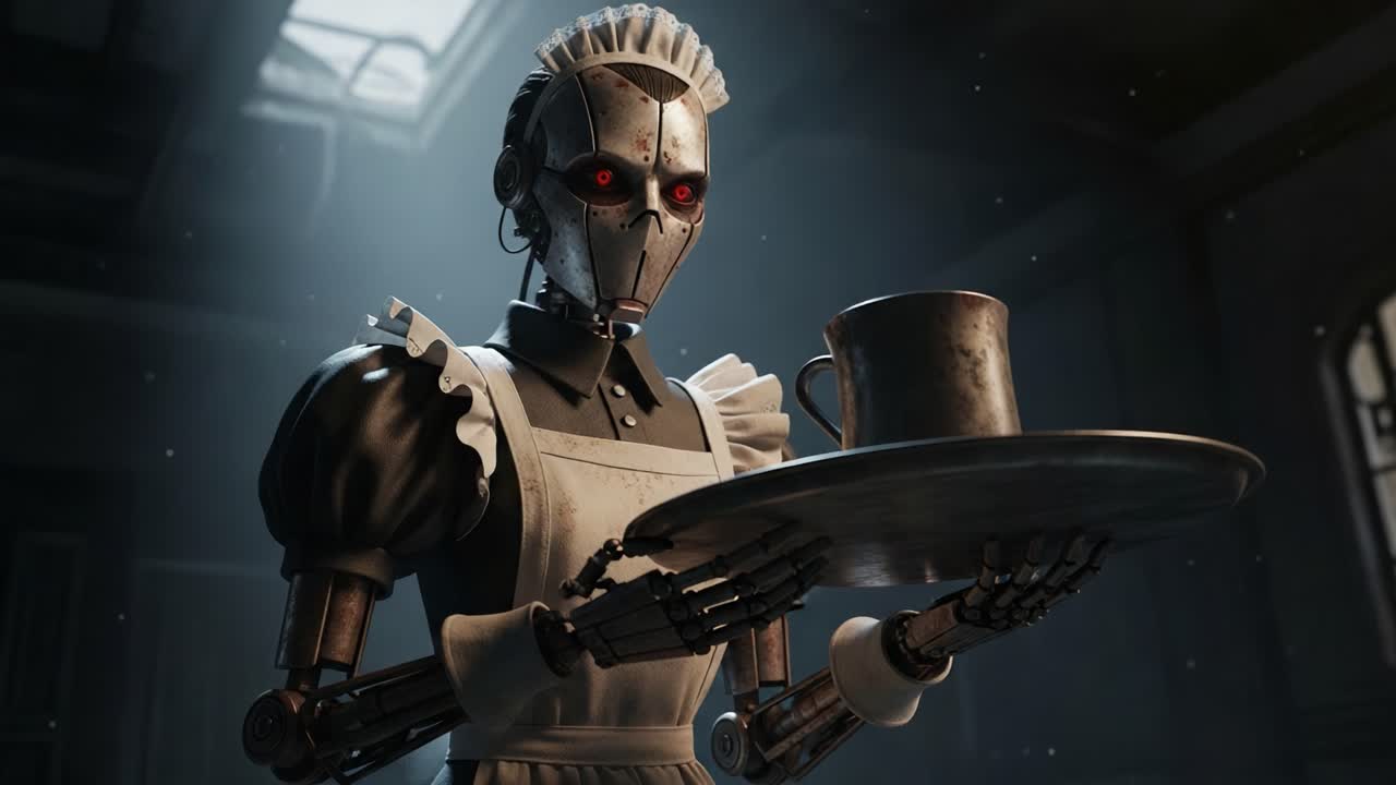 A Futuristic Robot Maid with Menacing Red Eyes Serves Tea in a Vintage Kitchen, Blending High-Tech Design with Traditional Elements in a Unique Expression of Hospitality