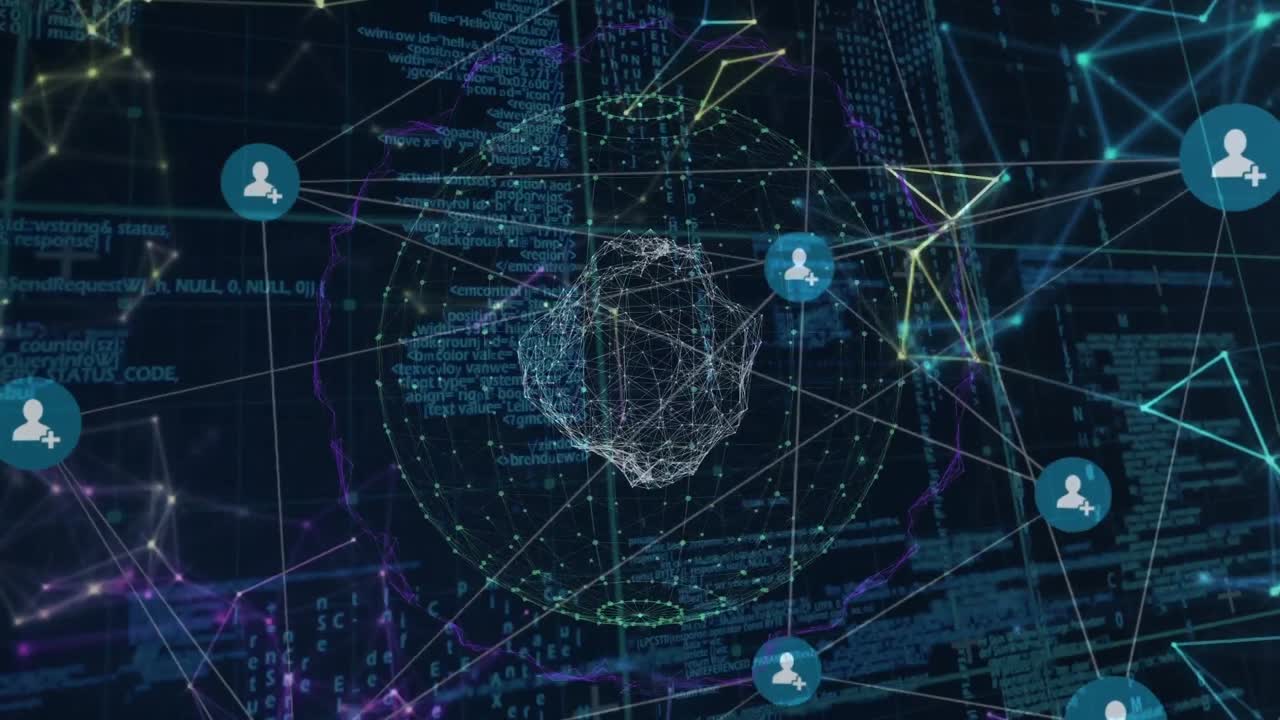 animación del procesamiento de datos, red de conexiones con iconos sobre el globo y la cuadrícula