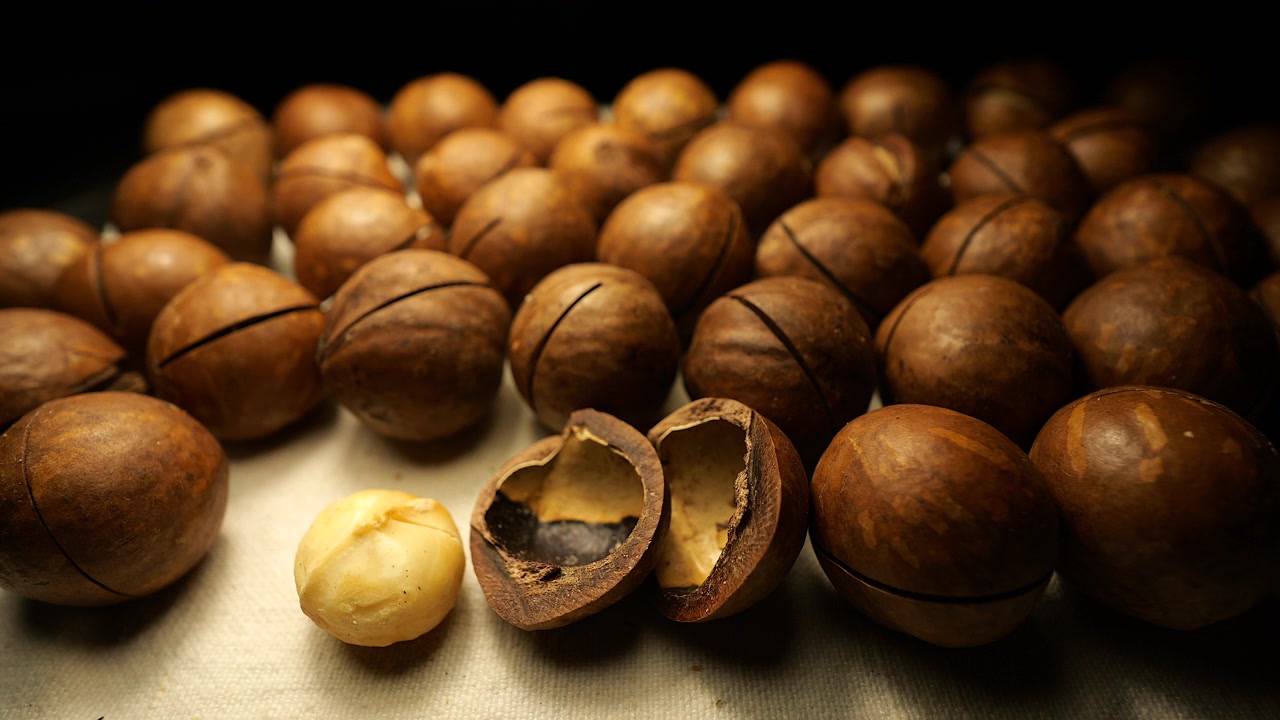 Inquadratura ravvicinata con slider a 50p che scorre su noci di macadamia premium.