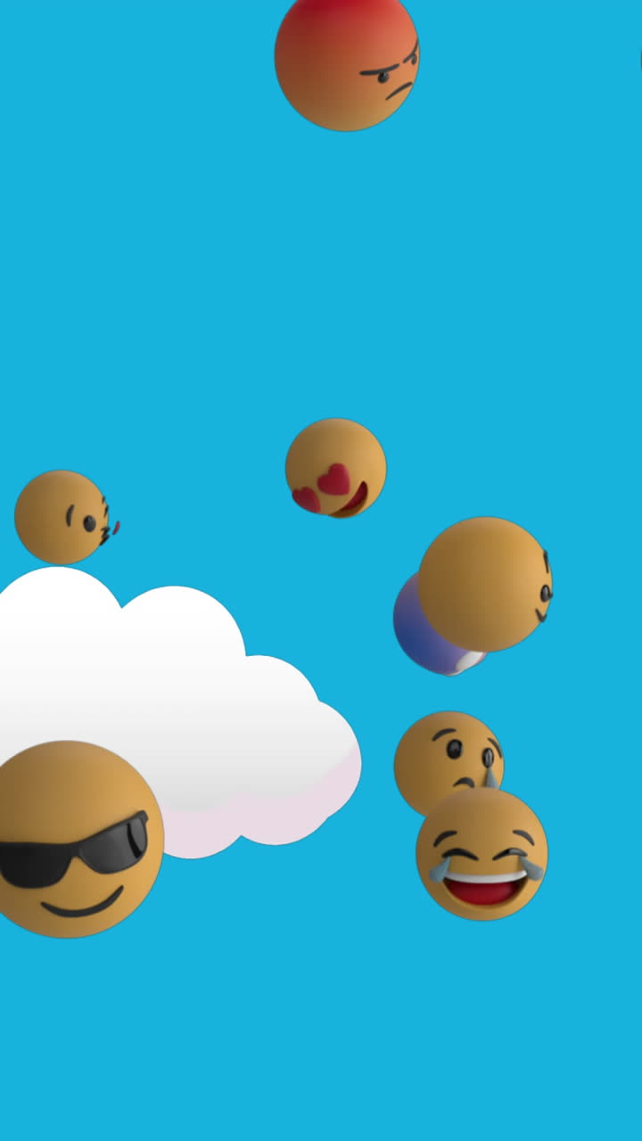 Animation of emoticons floating over blue sky with clouds