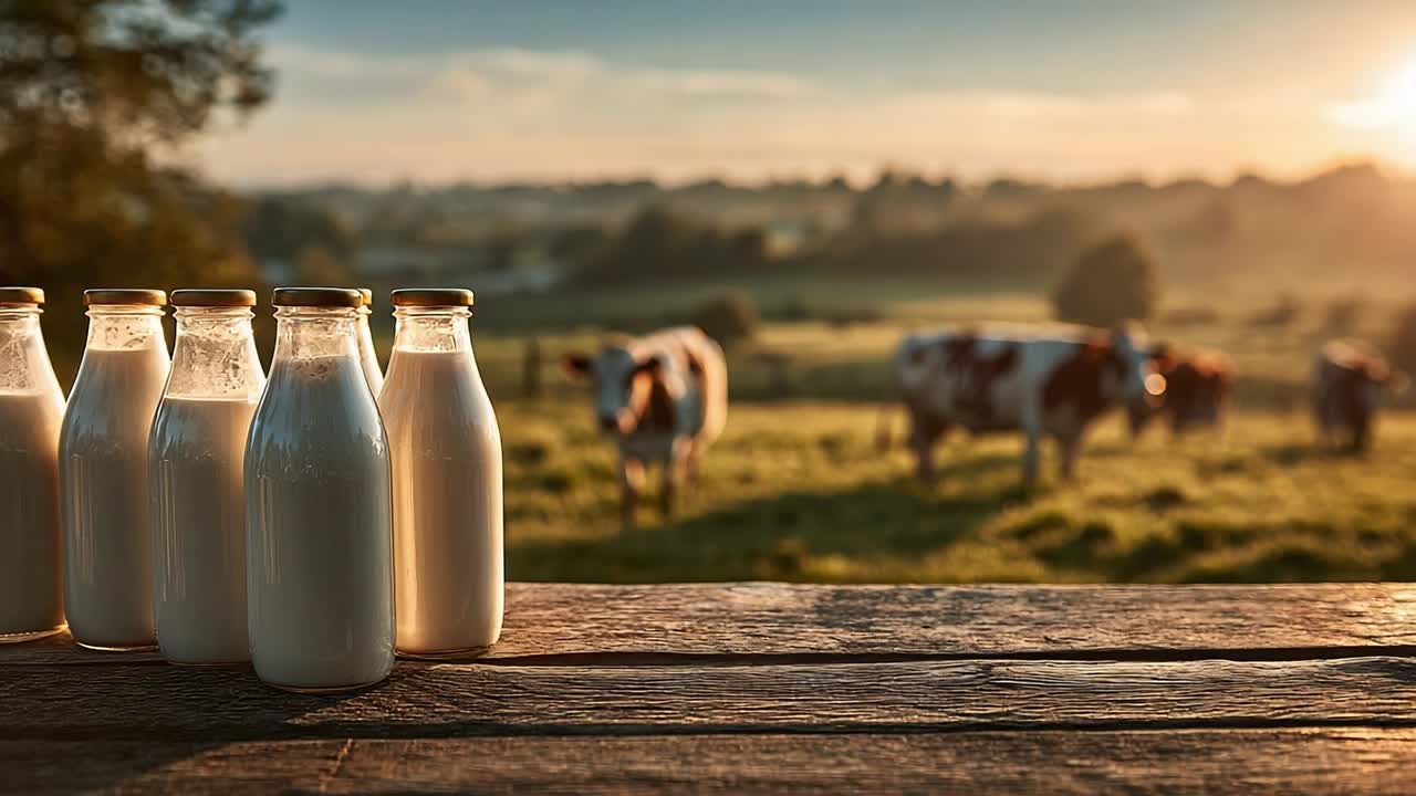 Botol-botol susu segar di atas meja kayu saat matahari terbenam dekat sapi-sapi yang merumput.