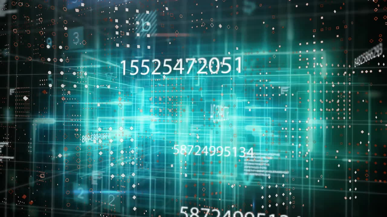 Animation of numbers and data processing over dark background
