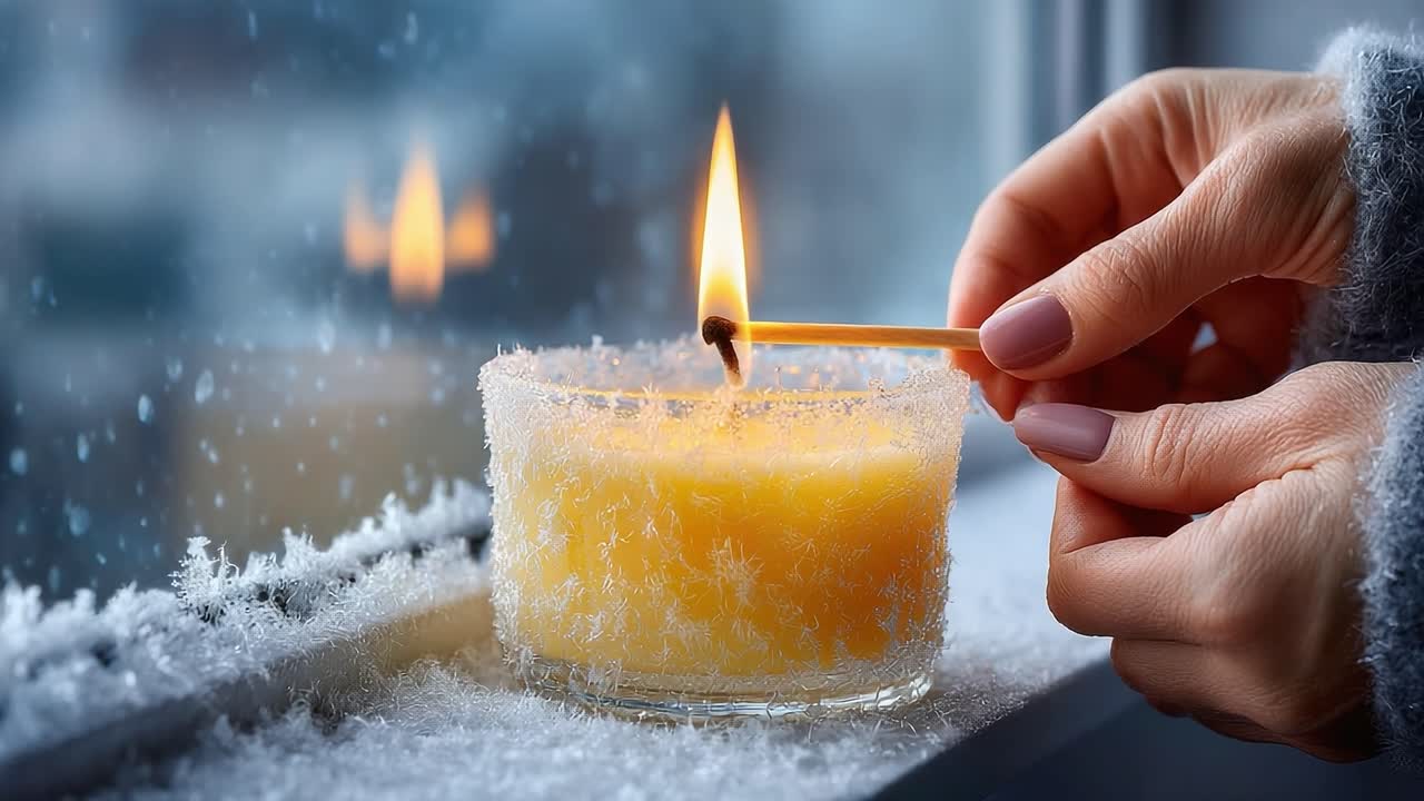 A Cozy Scene: Lighting a Candle on a Frosty Window Sill, Capturing the Warm Glow of the Flame Amidst the Chilly Winter Atmosphere and Snowy Surroundings
