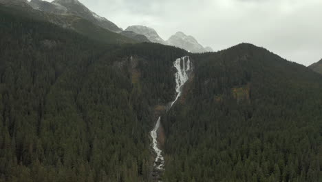 Aerial-View-Of-Odegaard-Falls-Flowing-Between-Dense-Forest-In-Bella-Coola-Valley,-British-Columbia,-Canada